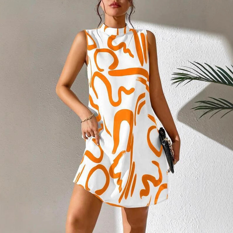 Women's A-Line Mini Dress with Modern Graphic Pattern and Stand-Up Collar