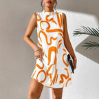 Women's A-Line Mini Dress with Modern Graphic Pattern and Stand-Up Collar