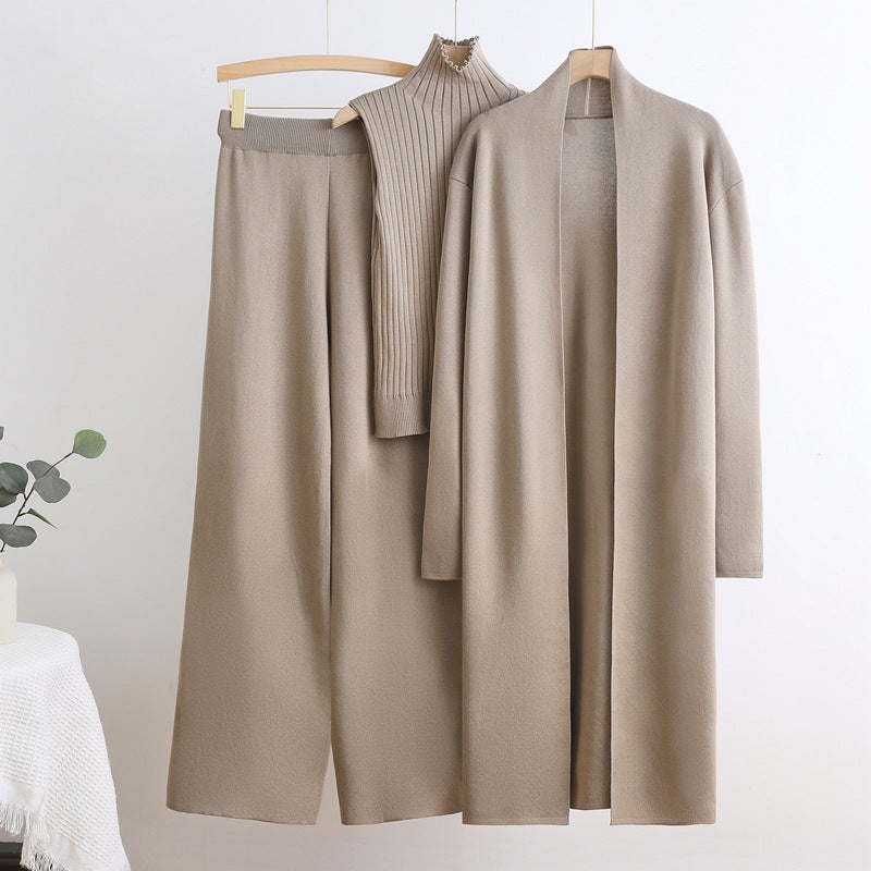 Women's Cozy Knit Loungewear Set with Long Cardigan and Ribbed Shirt
