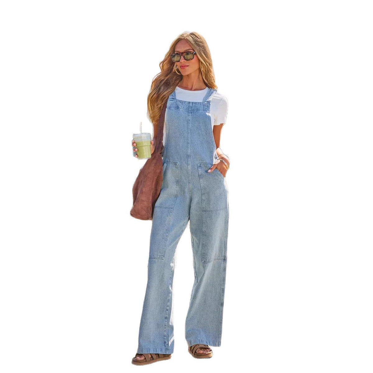 Women's Casual Denim Overall with Wide Leg and Pockets