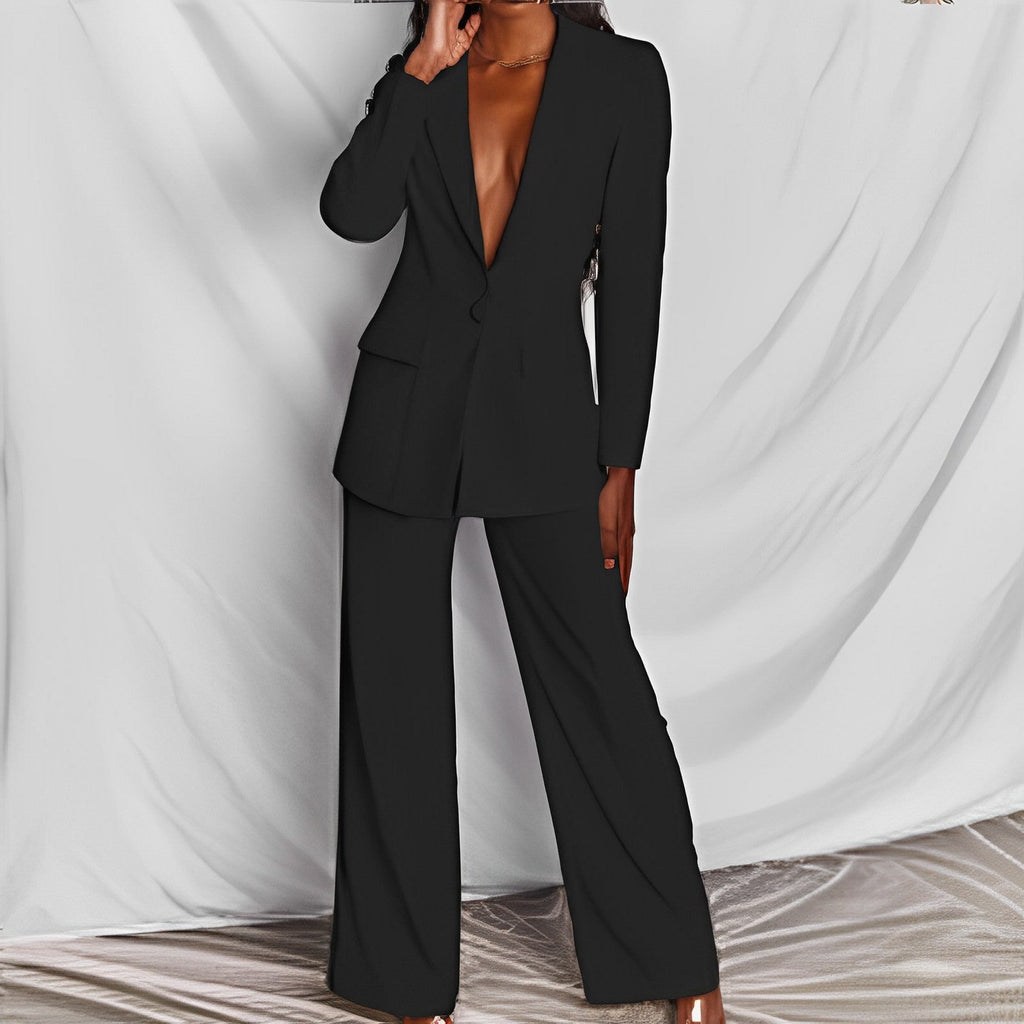 Elegant Tailored Two-Piece Set with Deep V-Lapel Blazer and Wide-Leg Pleated Trousers