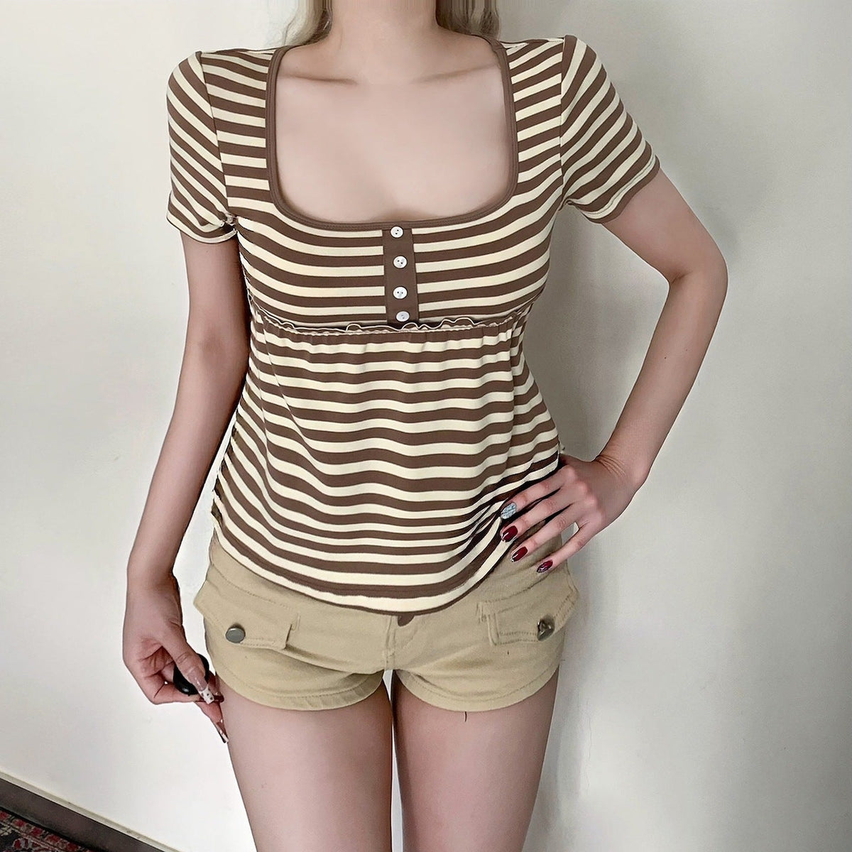Women's Short-Sleeve Blouse with Gathered Hem and Button Placket