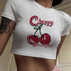 Women's Cropped T-Shirt with Cherry Print