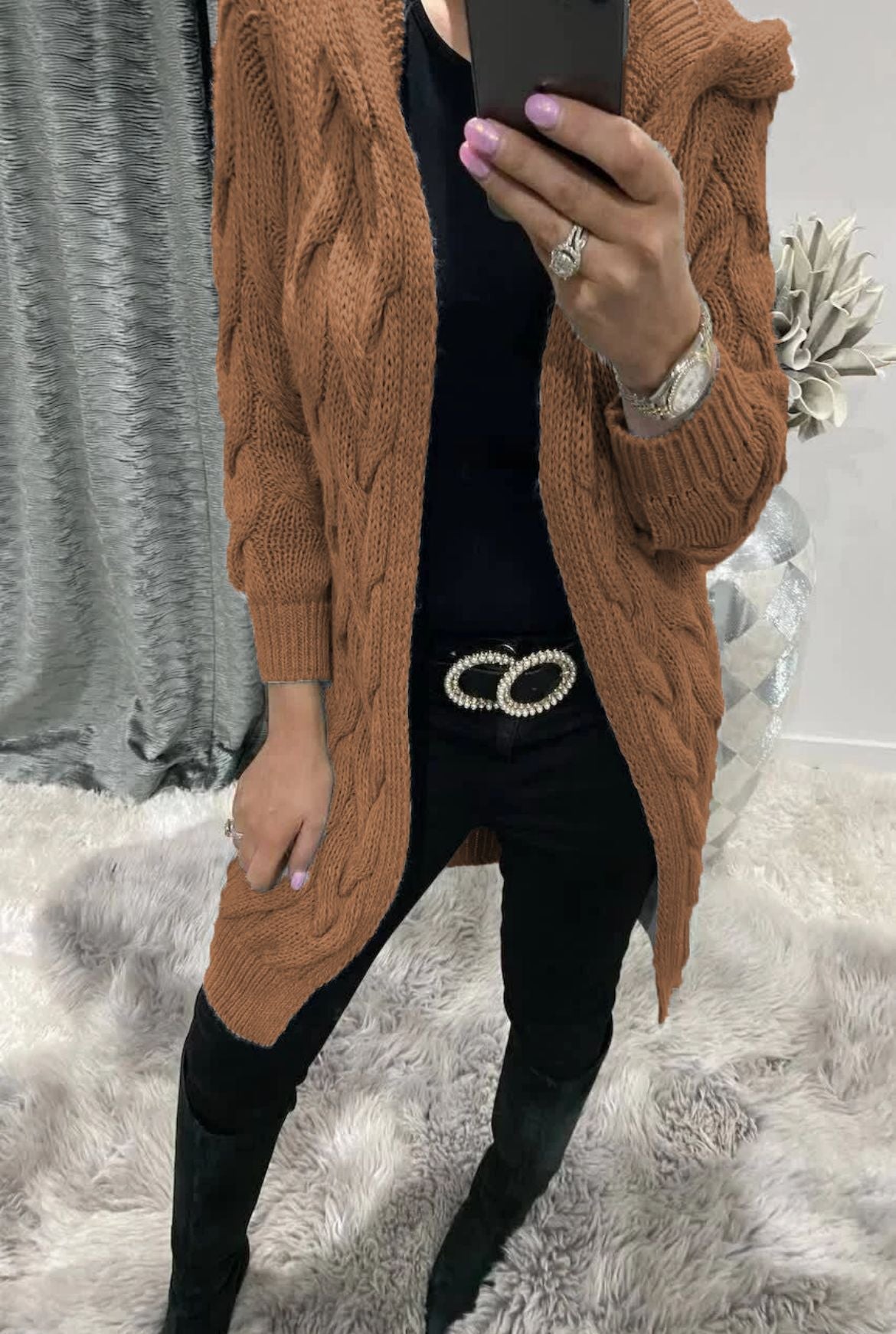 Women's Chunky Knit Cardigan with Hood and Cable Knit Pattern