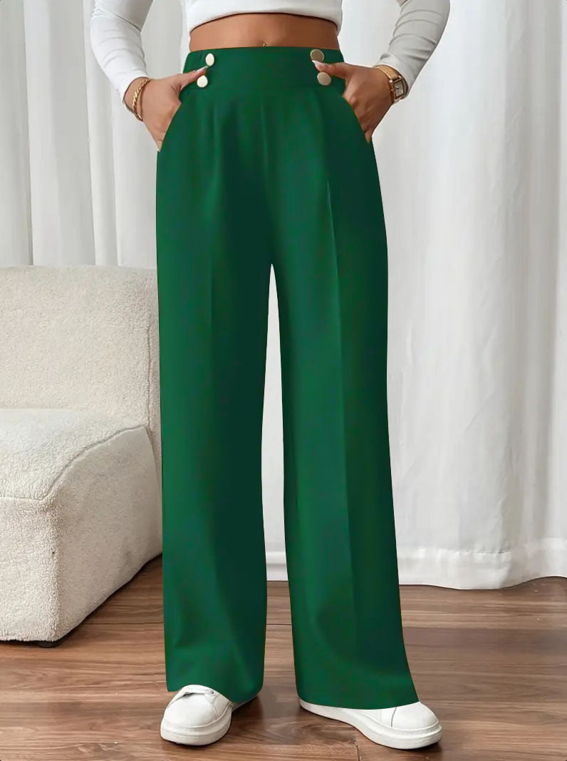 Women's Elegant Wide-Leg Pants with Decorative Buttons