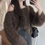 Women's Cropped Pullover with Fluffy Texture and Off-Shoulder Design