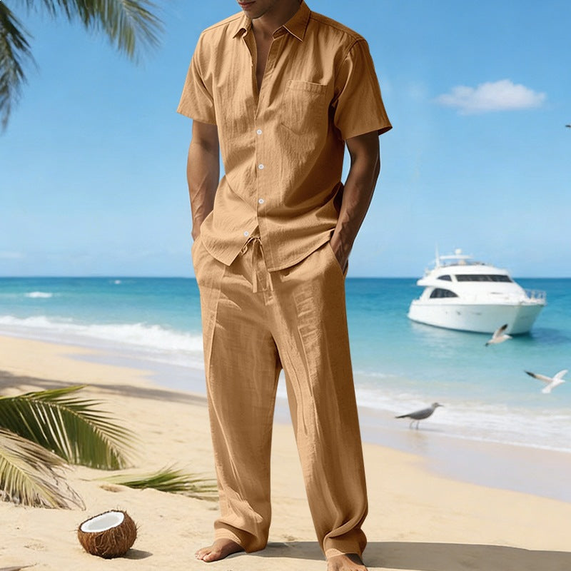 Men's resort-appropriate short-sleeve shirt with chest pocket and casual linen drawstring pants