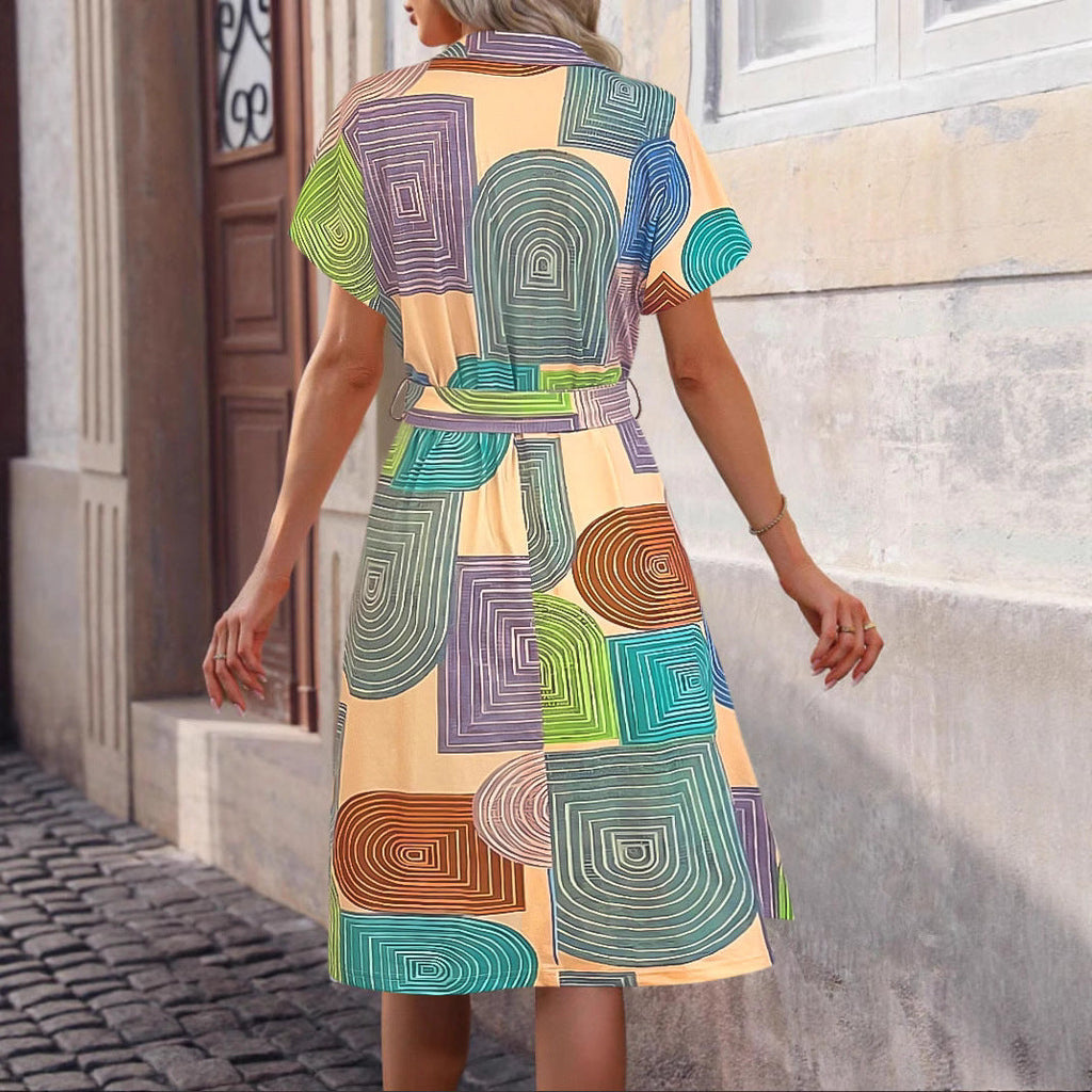 Women's Sleeveless Dress with Geometric Pattern and Tie Belt