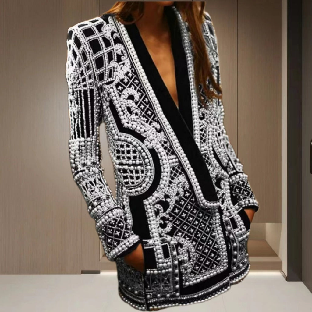 Women's Elegant Cardigan with Sparkling Pearl Trim