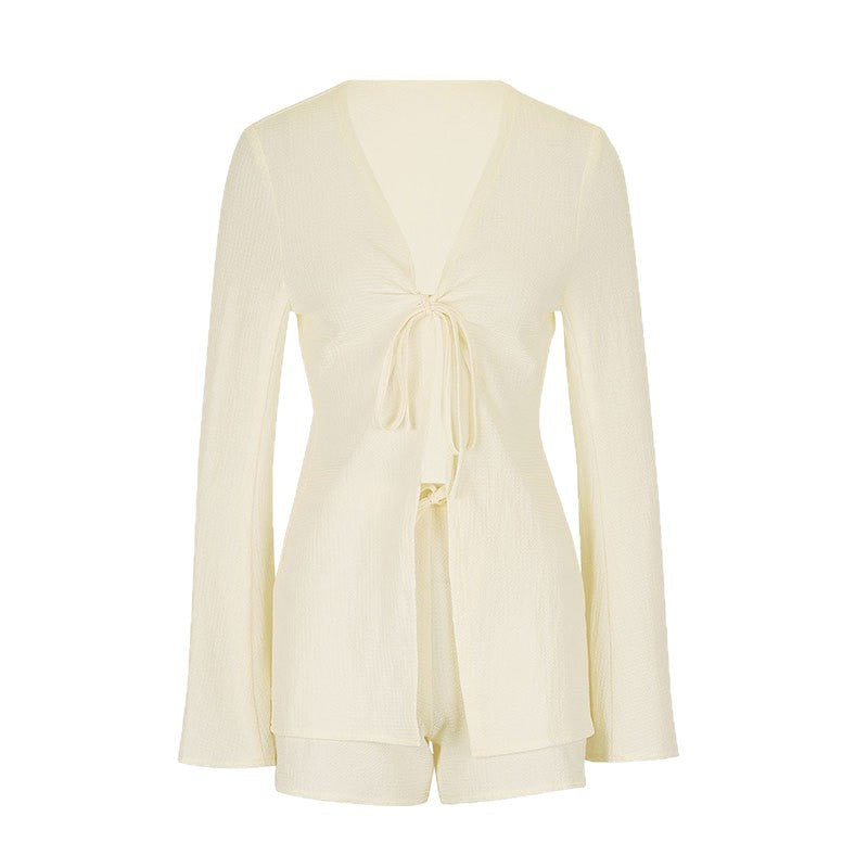 Women's Casual Long-Sleeve Blouse and Shorts Set