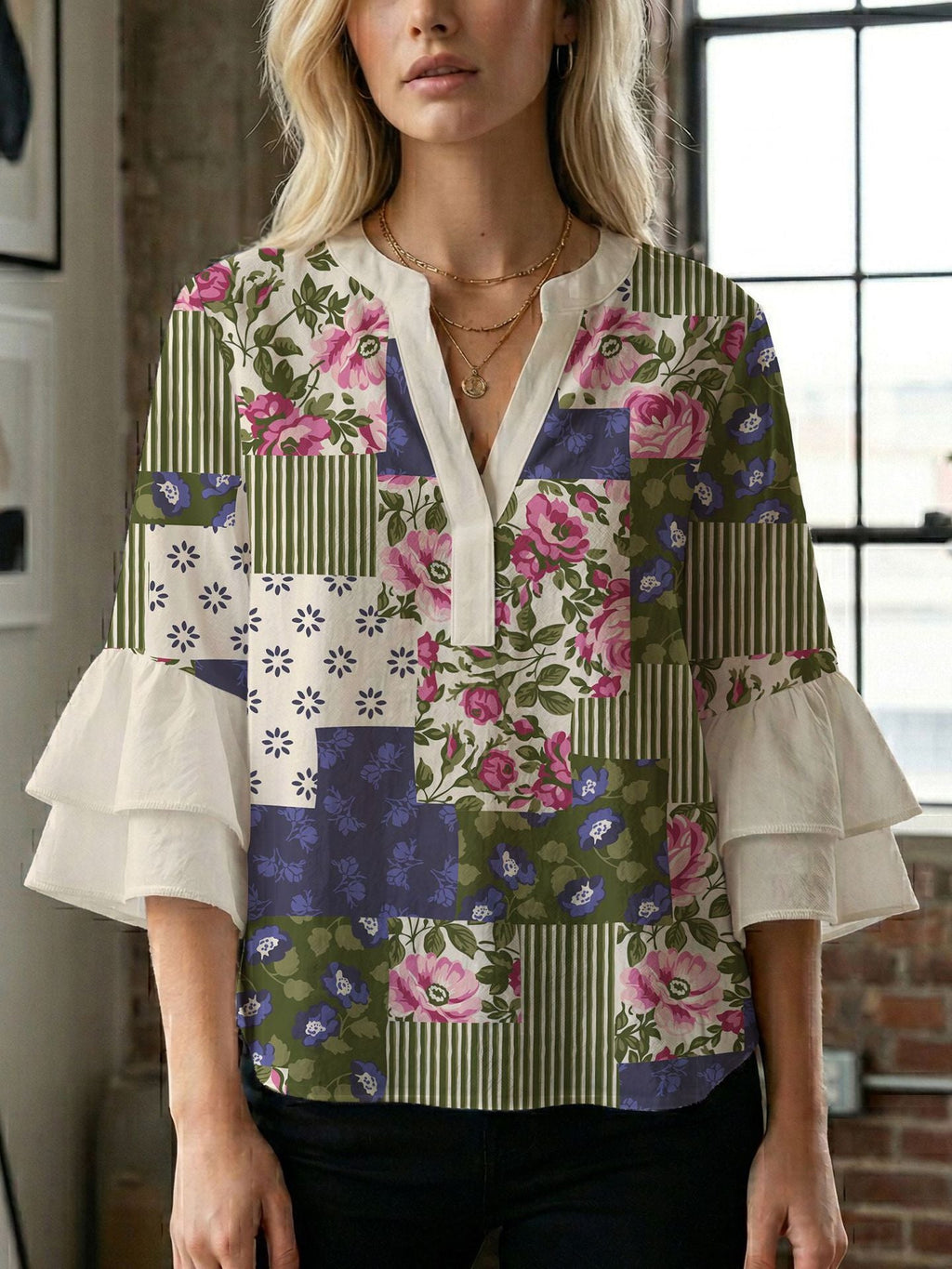 Women's Blouse Shirt with Voluminous Sleeves and Creative Print Design