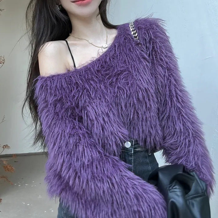 Women's Cropped Pullover with Fluffy Texture and Off-Shoulder Design