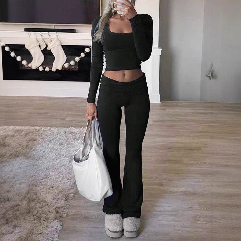 Women's Casual Long-Sleeve Lounge Set with Flared Pants
