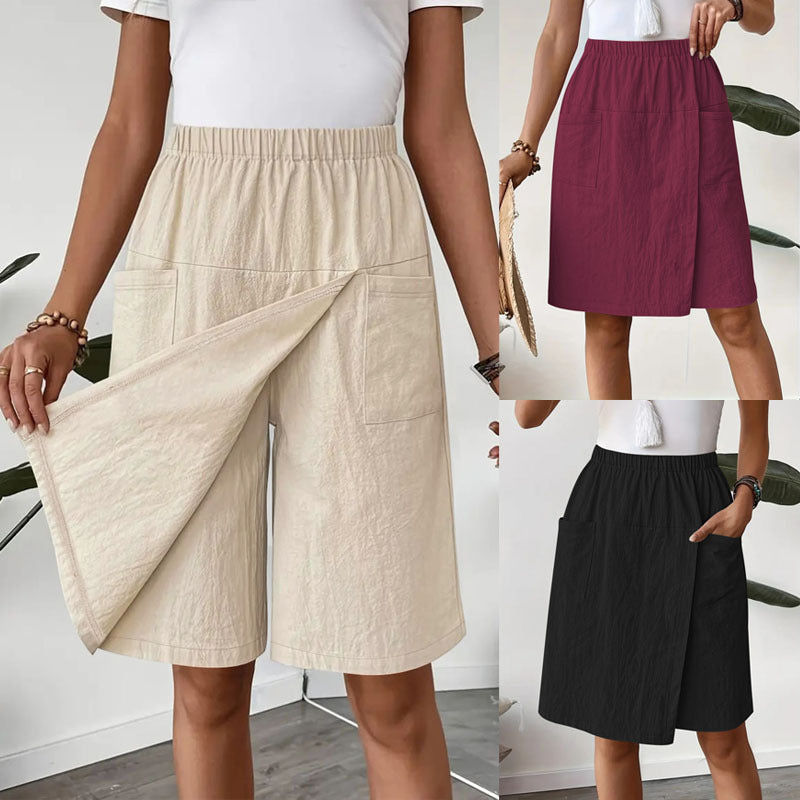 Women's Knee-Length Wrap Skirt with Elastic Waist and Pockets