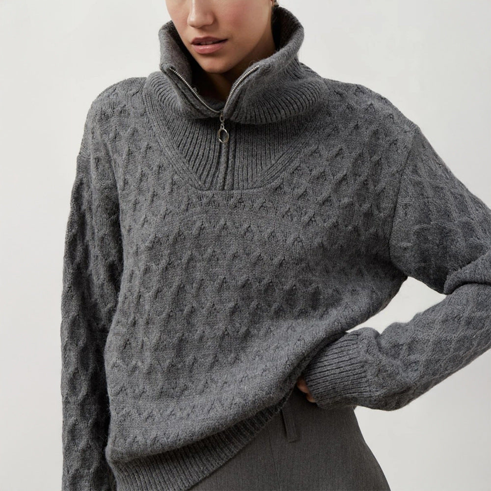 Women's Patterned Knit Sweater with High Collar and Half-Zip