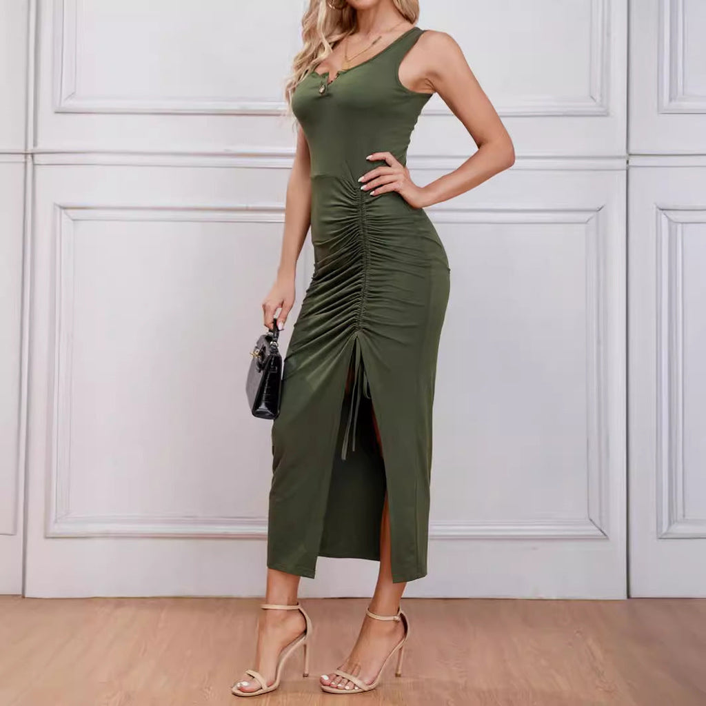 Women's Sleeveless Dress with Decorative Button Details and Ruching