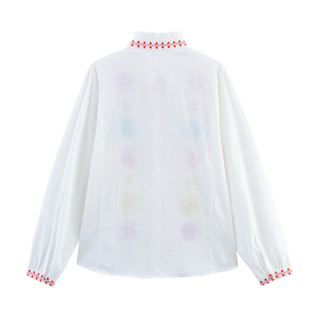 Women's Blouse with Colorful Embroidery and Romantic Ruffle Design