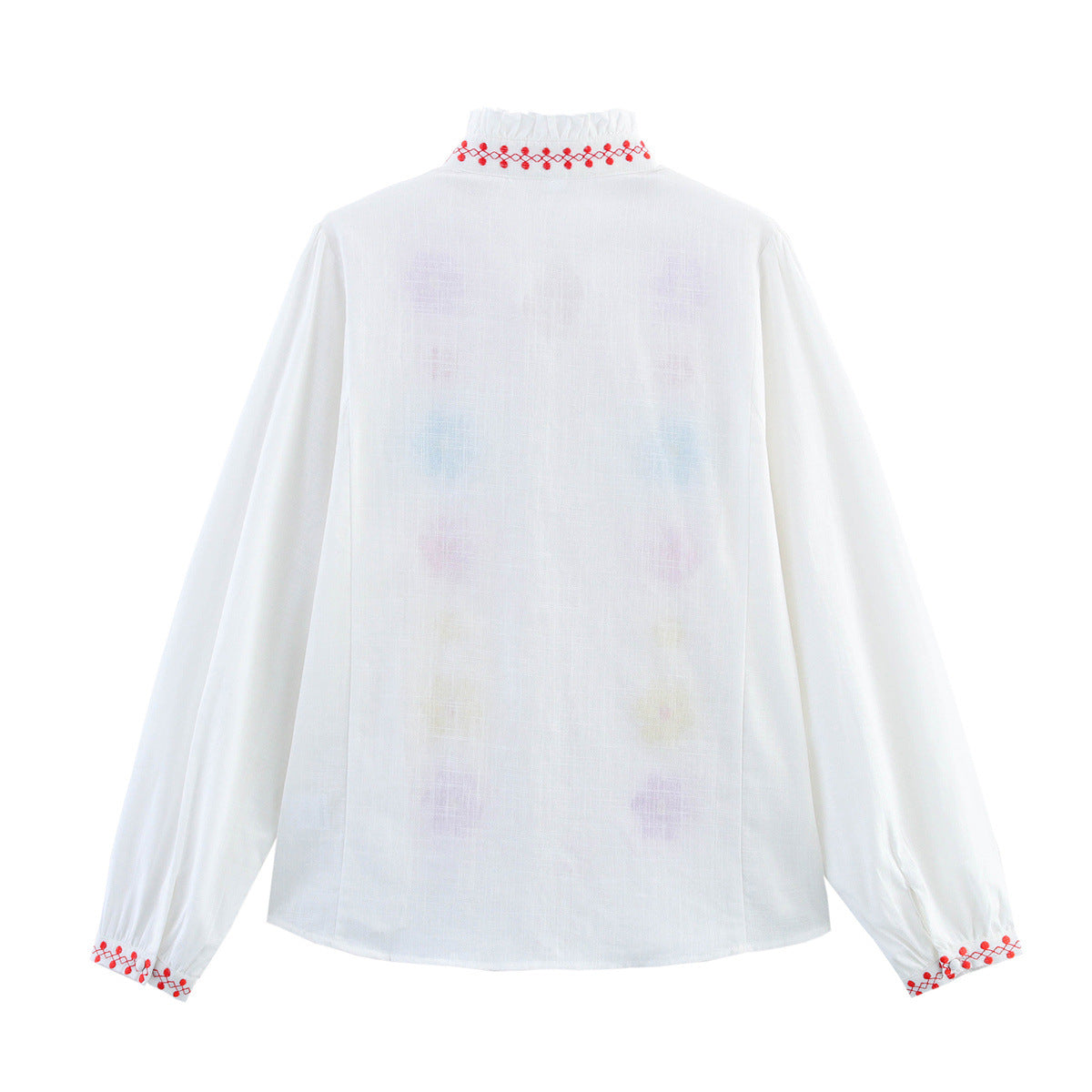 Women's Blouse with Colorful Embroidery and Romantic Ruffle Design