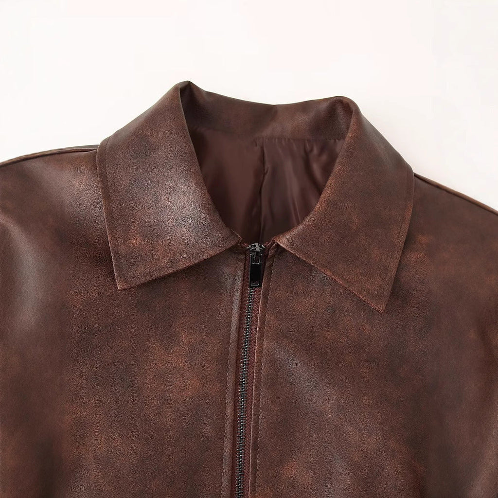 Women's Cropped Faux Leather Jacket with Stand-Up Collar