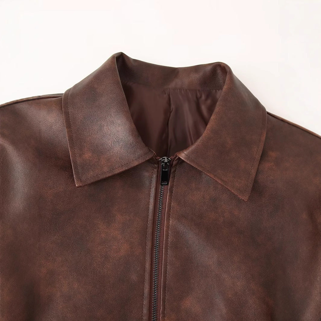 Women's Cropped Faux Leather Jacket with Stand-Up Collar