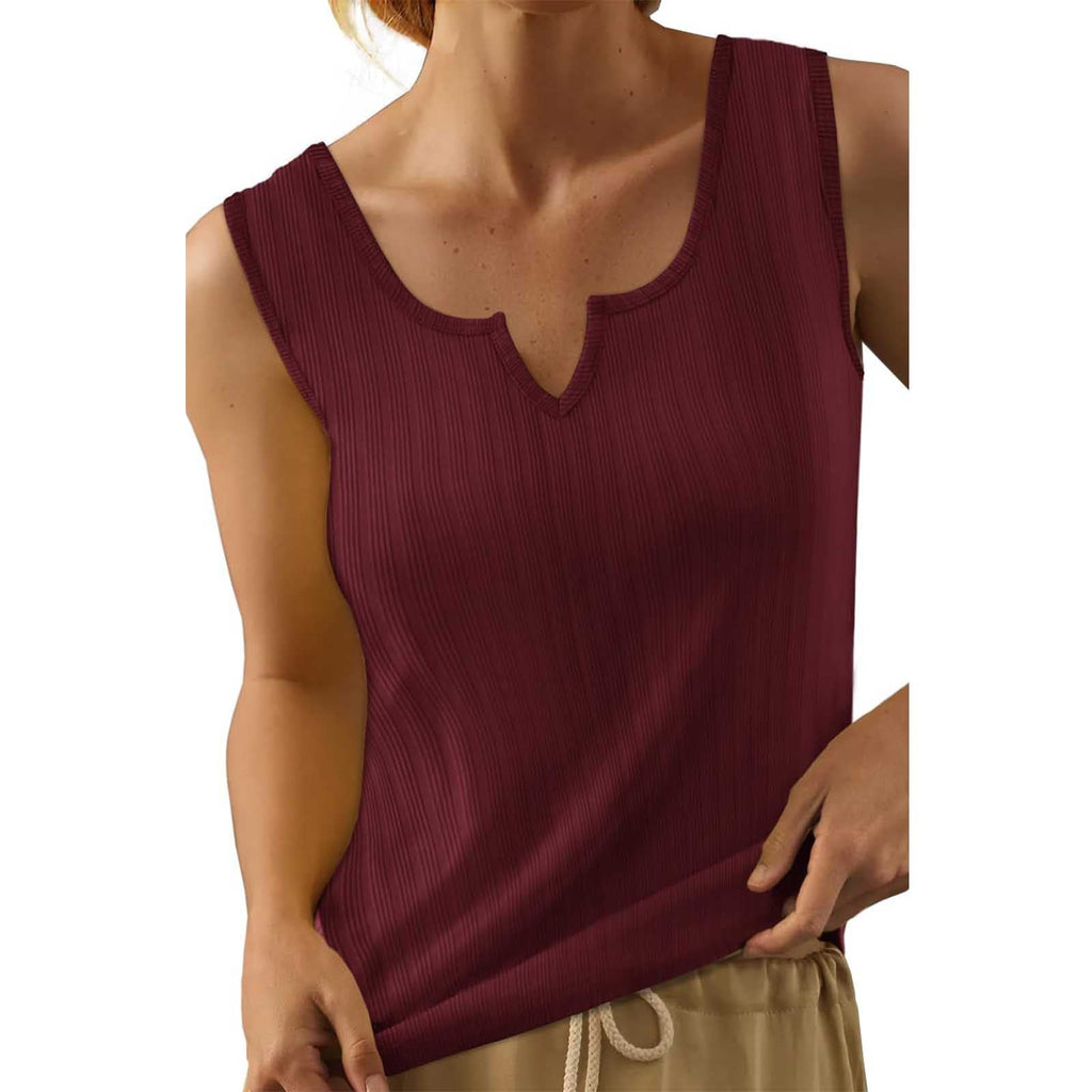 Sleeveless Top with Decorative V-Neck and Fine Ribbed Texture
