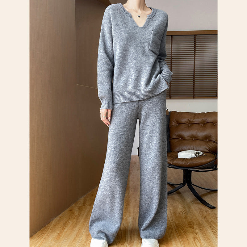 Women's Cozy Knit Ensemble with Wide Sweater and Wide-Leg Pants