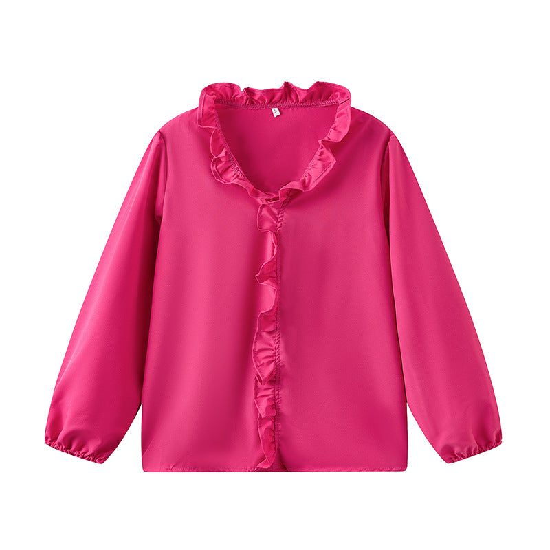 Women's Blouse with Ruffle Details and Stand-up Collar