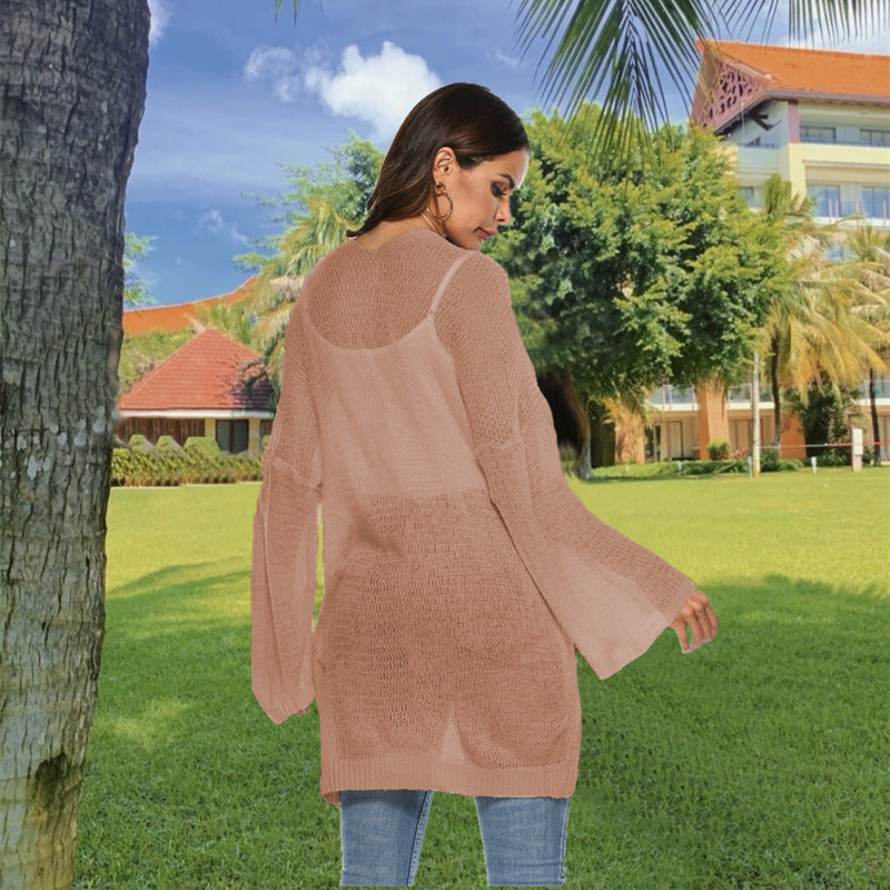 Long Knit Cardigan with Casual Cut and Wide Sleeves