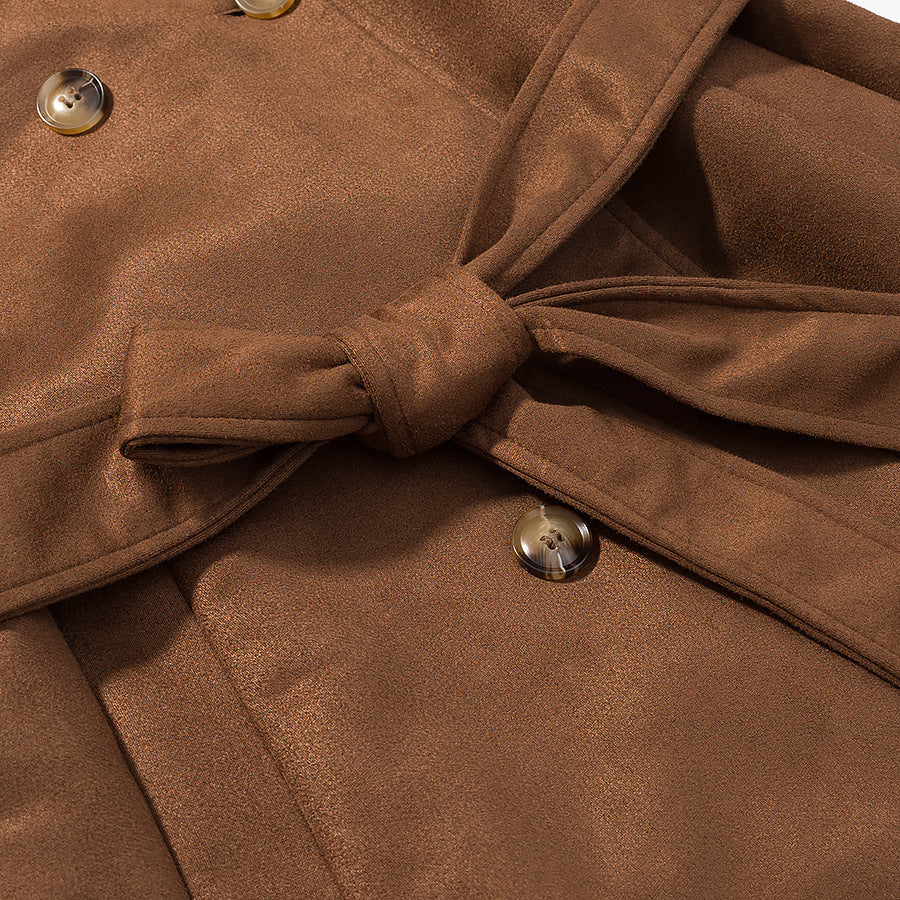Elegant Faux Leather Trench Coat with Adjustable Belt and Practical Pockets
