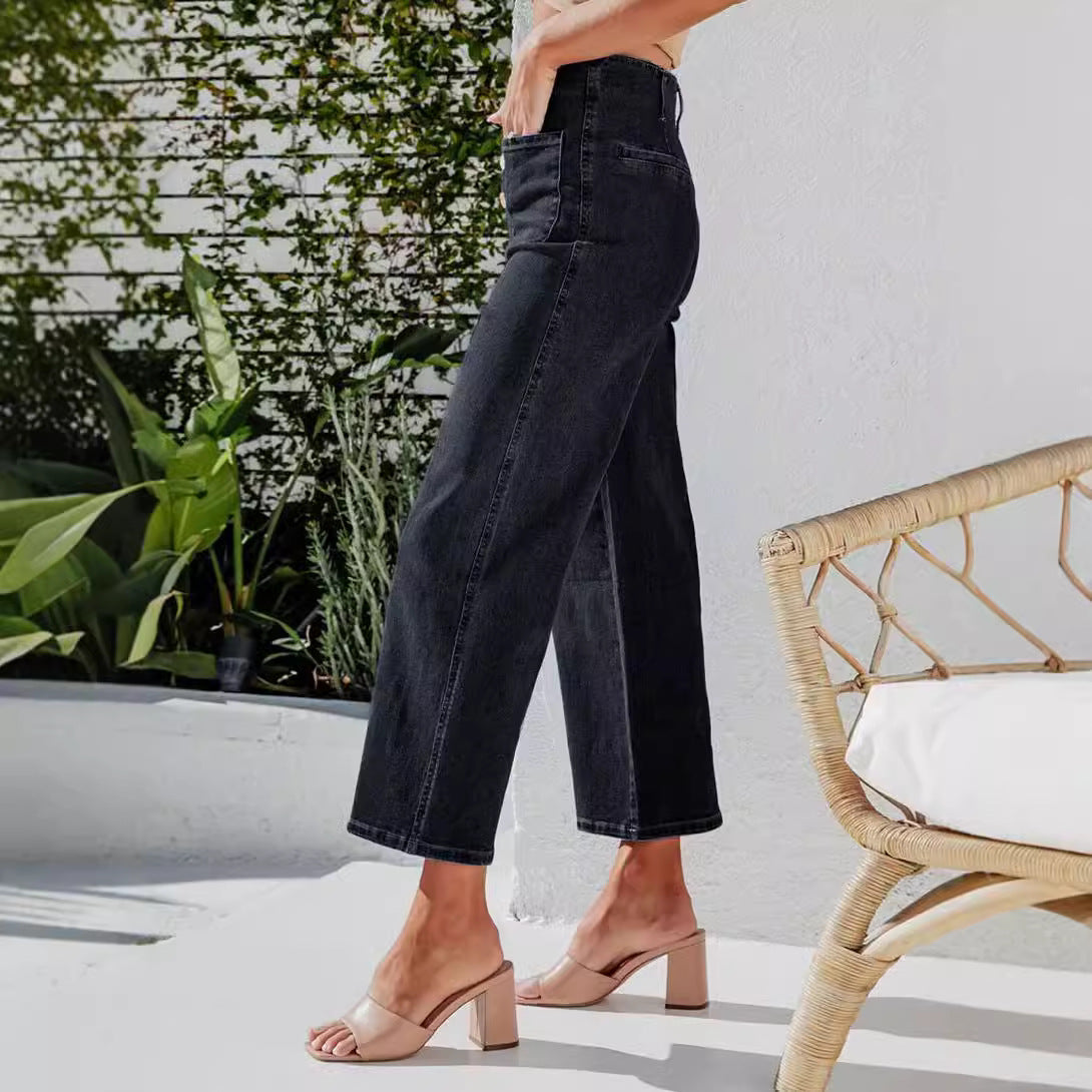 Women's High-Waist Jeans with Button Detail and Wide Leg
