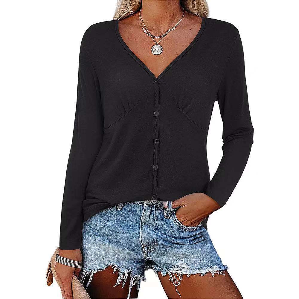 Women's Long-Sleeve Blouse with V-Neck and Button Details