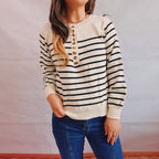 Women's Striped Knit Sweater with Button Details and Casual Fit