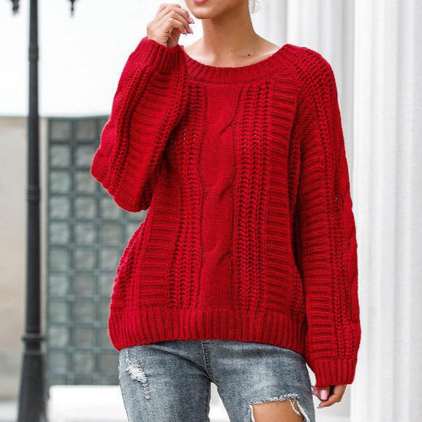 Women's Chunky Knit Sweater with Voluminous Sleeves and Cable Knit