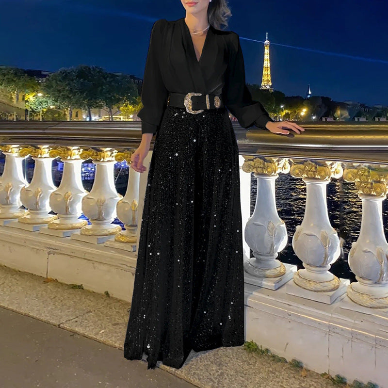 Women's Elegant Sequin Jumpsuit with Long Cut