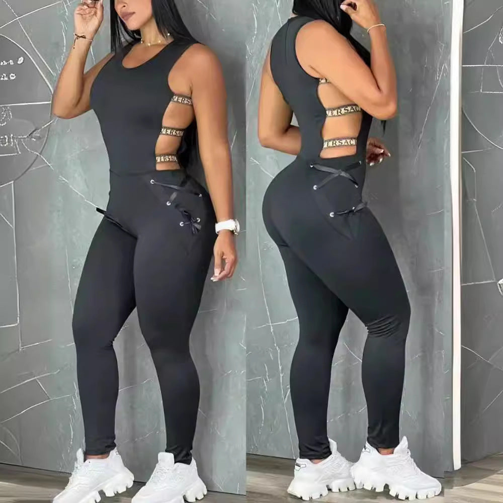 Women's Bodycon Jumpsuit with Cut-Out Details and Fashion Belt