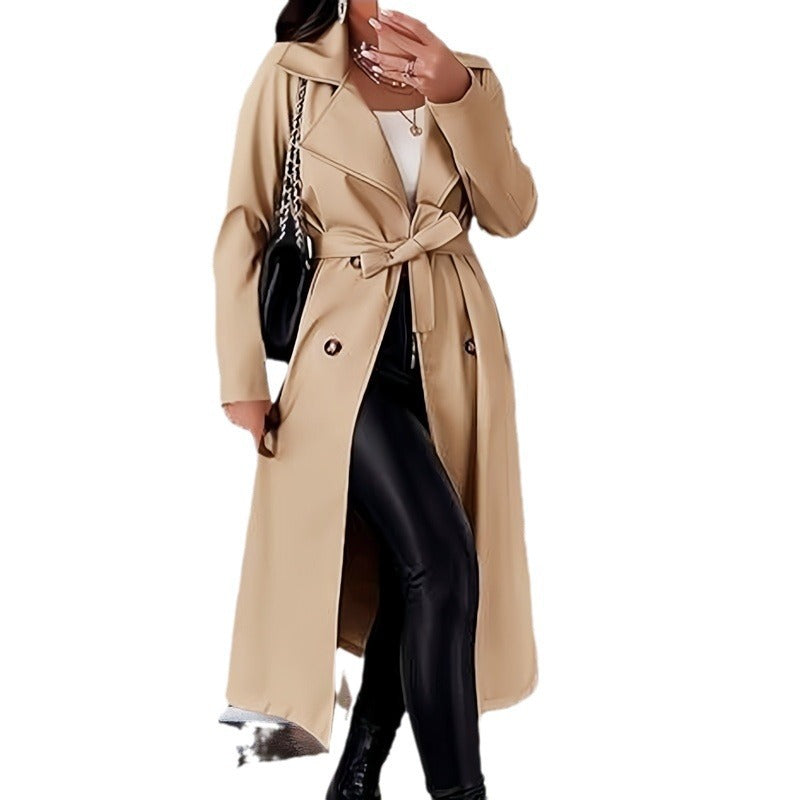 Women's Elegant Trench Coat with Waist Belt and Double-Breasted Details