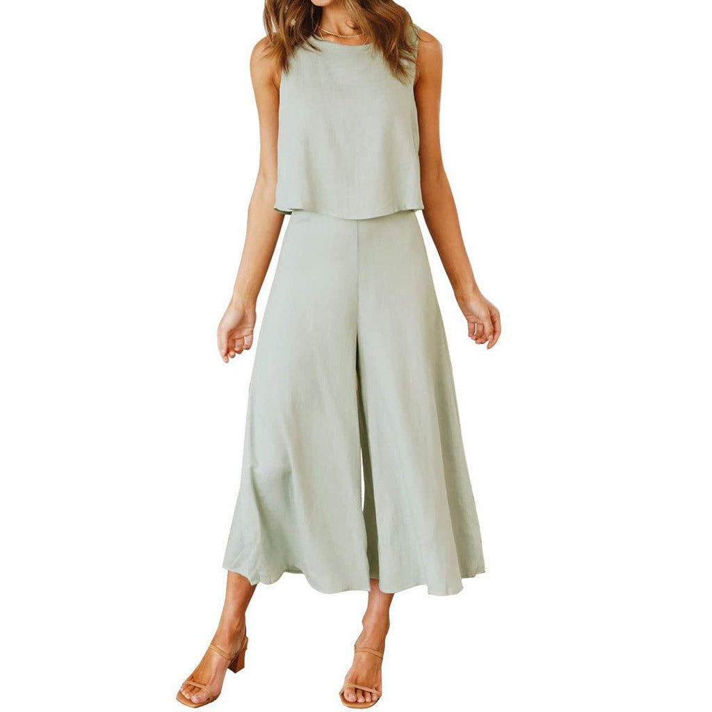 Women's Airy Two-Piece Set with Sleeveless Top and Flowy Wide-Leg Pants