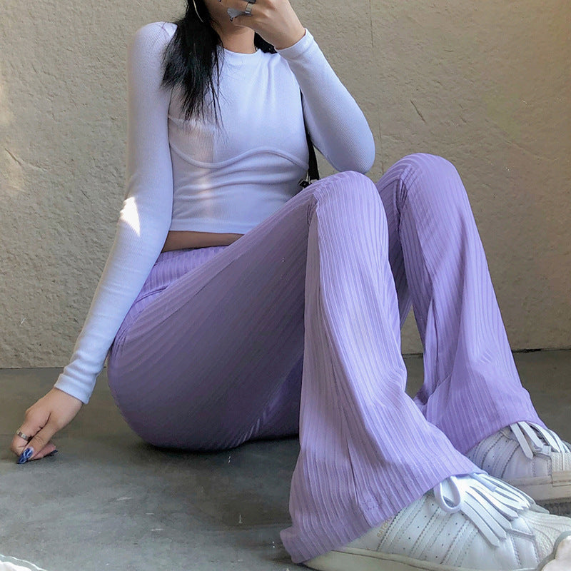 Women's High-Waisted Slim-Fit Flared Pants with Ribbed Details