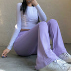 Women's High-Waisted Slim-Fit Flared Pants with Ribbed Details