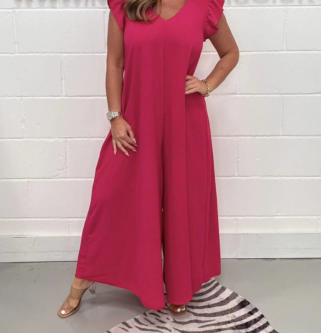 Women's Casual Jumpsuit with Flowing Cut and V-Neck