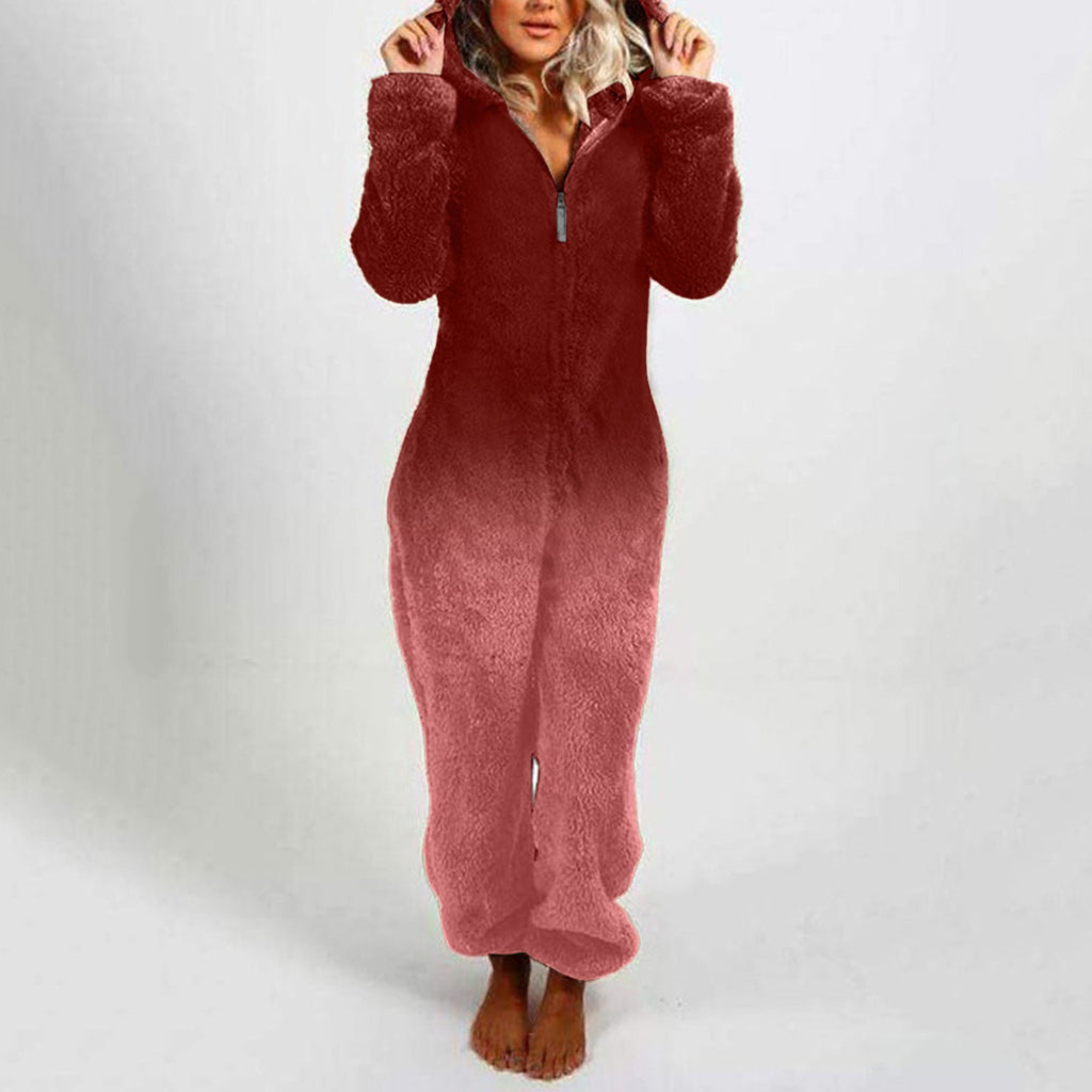 Women's Hooded Fleece Jumpsuit with Gradient Design