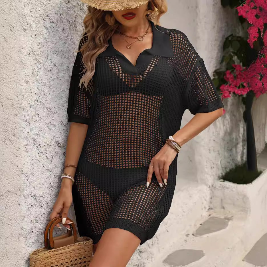 Women's Airy Mesh Beach Cover-Up with Polo Collar