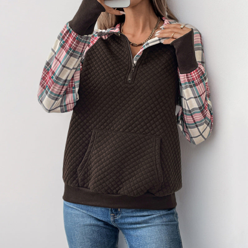 Women's 1/4 Sleeve Sweatshirt with Plaid Details