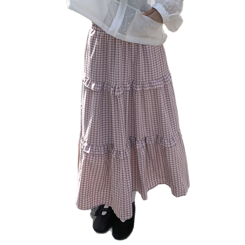 Women's Maxi Skirt with Ruffle and Plaid Pattern