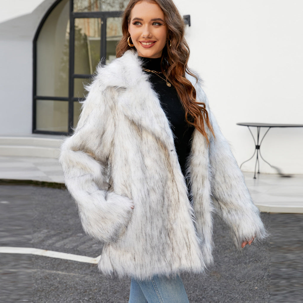 Women's Elegant Faux Fur Jacket with Wide Lapel