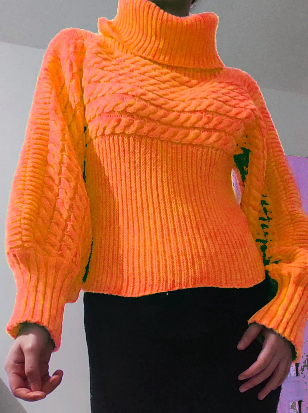 Women's Chunky Knit Sweater with Wide Turtleneck and Voluminous Sleeves