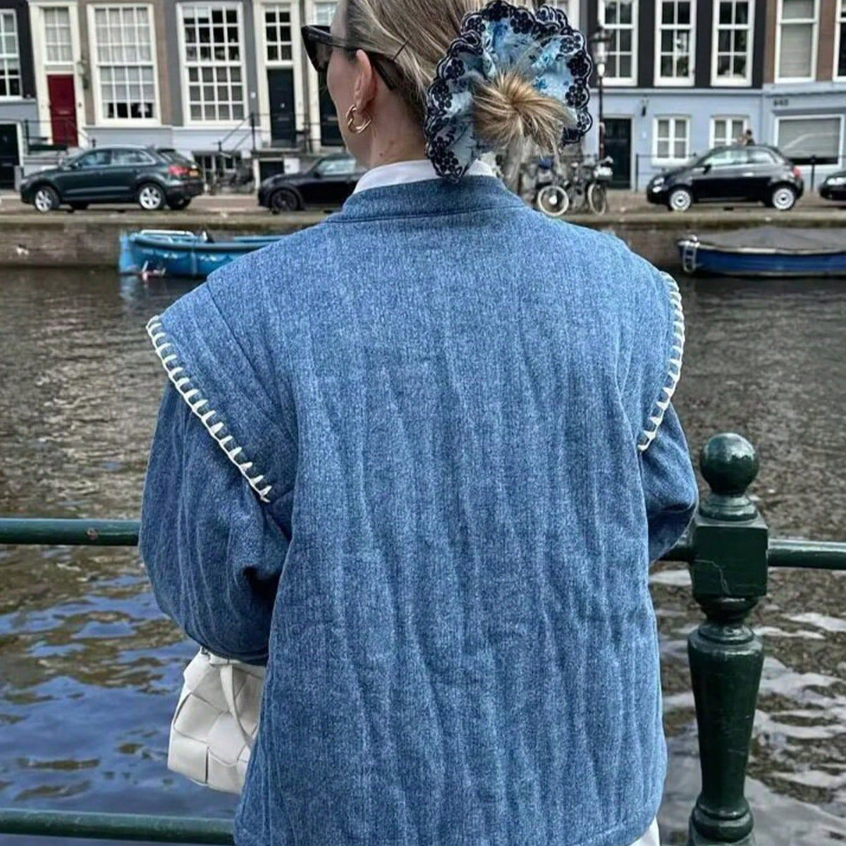 Women's Embroidered Blouson Jacket with Lightweight Cotton Material and Practical Pockets