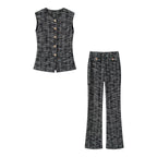 Women's Elegant Plaid Trousers with Slim Cut and Decorative Buttons
