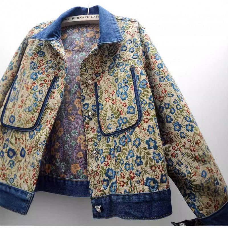 Women's Floral Denim Jacket with Patch Pockets and Collar