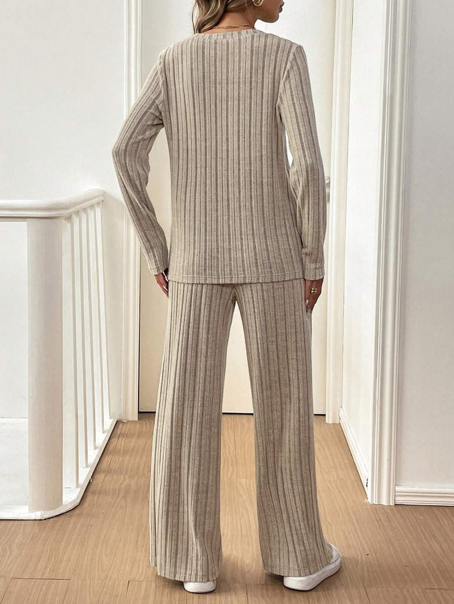 Casual Ribbed Lounge Set with Button Detail